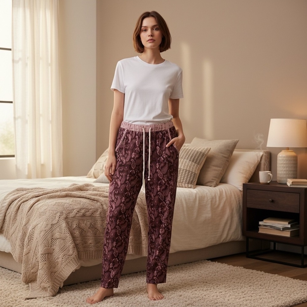 Lucky Brand Paisley Print Drawstring Pajama Pants‎ Women's Small Burgundy Pink